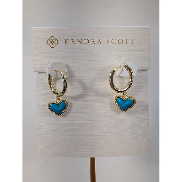 Kendra Scott Jewelry - Kendra Scott Ari Heart Huggie Hoop Earrings Gold Tone Teal Blue Heart - NEW